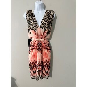 MARCIANO Womens Cheetah Floral Print Draped Ruched Sheath Dress S READ